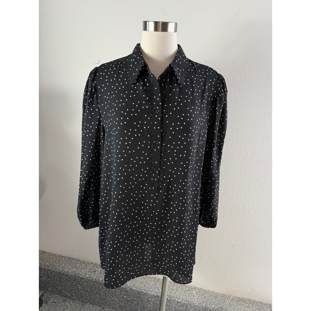 NEW Max Studio Womens XL Polka Dot Lace Trim Blouse Black White Long Sleeve